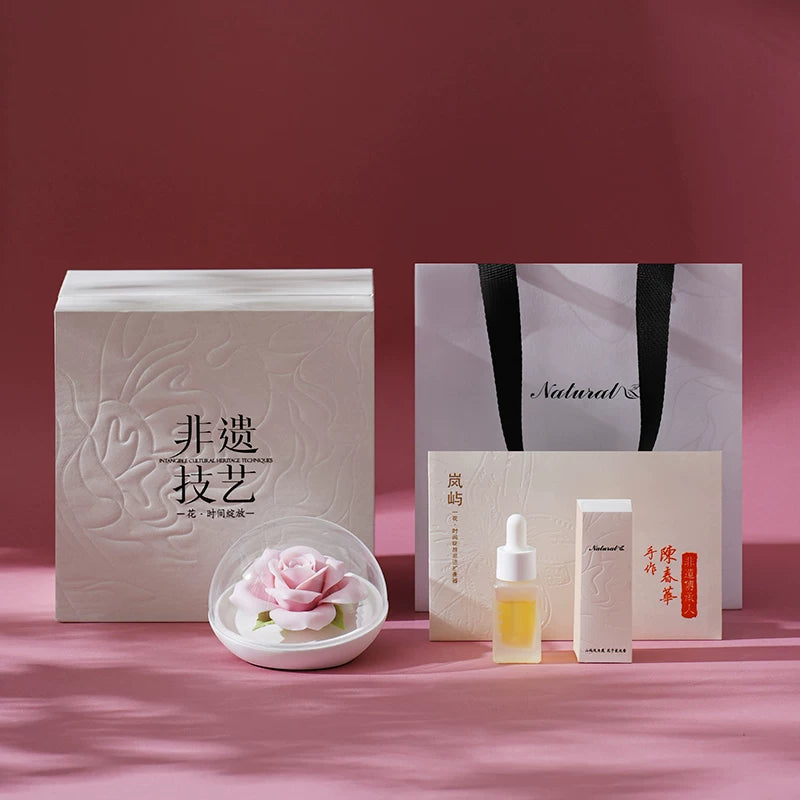 Hand‑crafted Pink Rose Porcelain Flower Fire‑Free Fragrant Stone Aromatherapy Gift Box