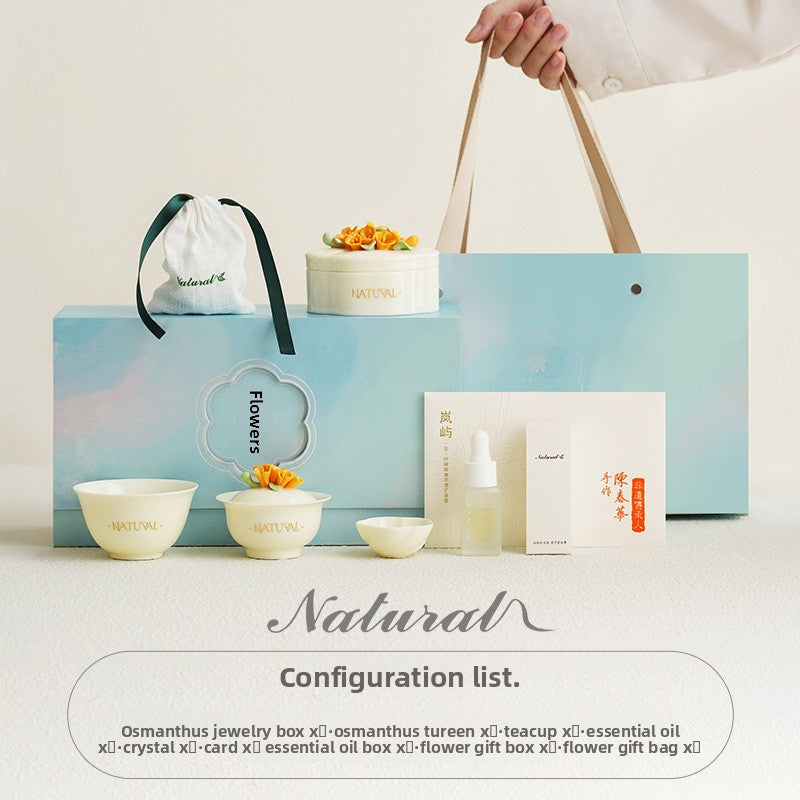 Hand‑Pinched Osmanthus Ceramic‑Flower | Spar Diffuser Jewelry Box Gift Set