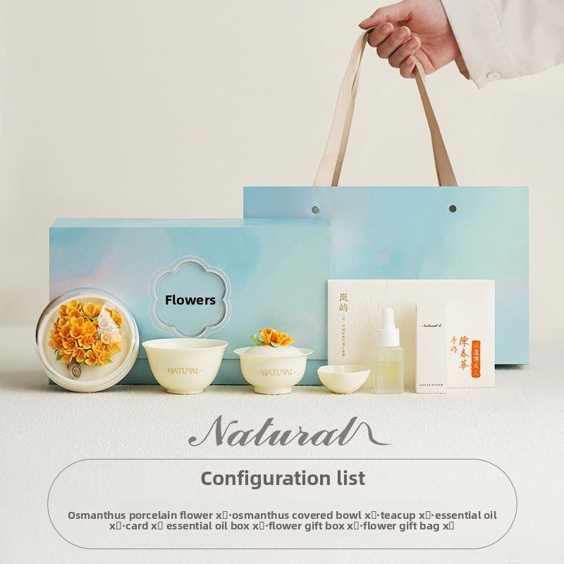 Hand‑Pinched Osmanthus Ceramic‑Flower | Spar Diffuser Jewelry Box Gift Set