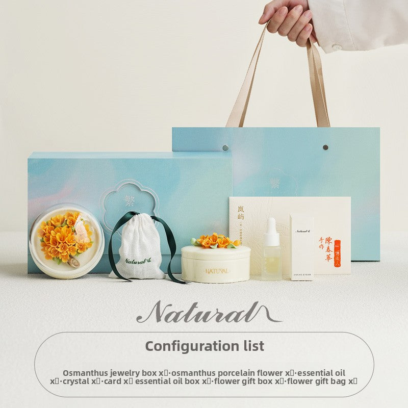 Hand‑Pinched Osmanthus Ceramic‑Flower | Spar Diffuser Jewelry Box Gift Set